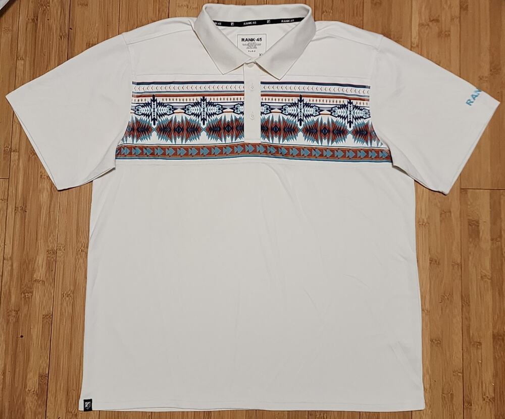 RANK 45 Men's Size XL Beige Polo Shirt Aztec Geometric Print Golf Casual Sports